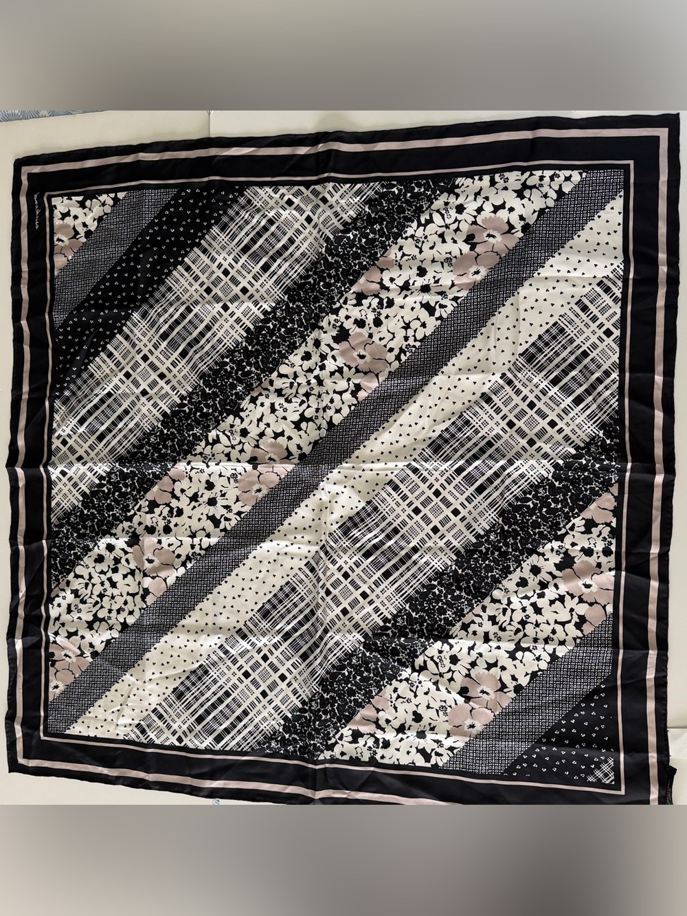 MaxMara Black, White and Blush Diagonal Patchwork Scarf 100% Silk